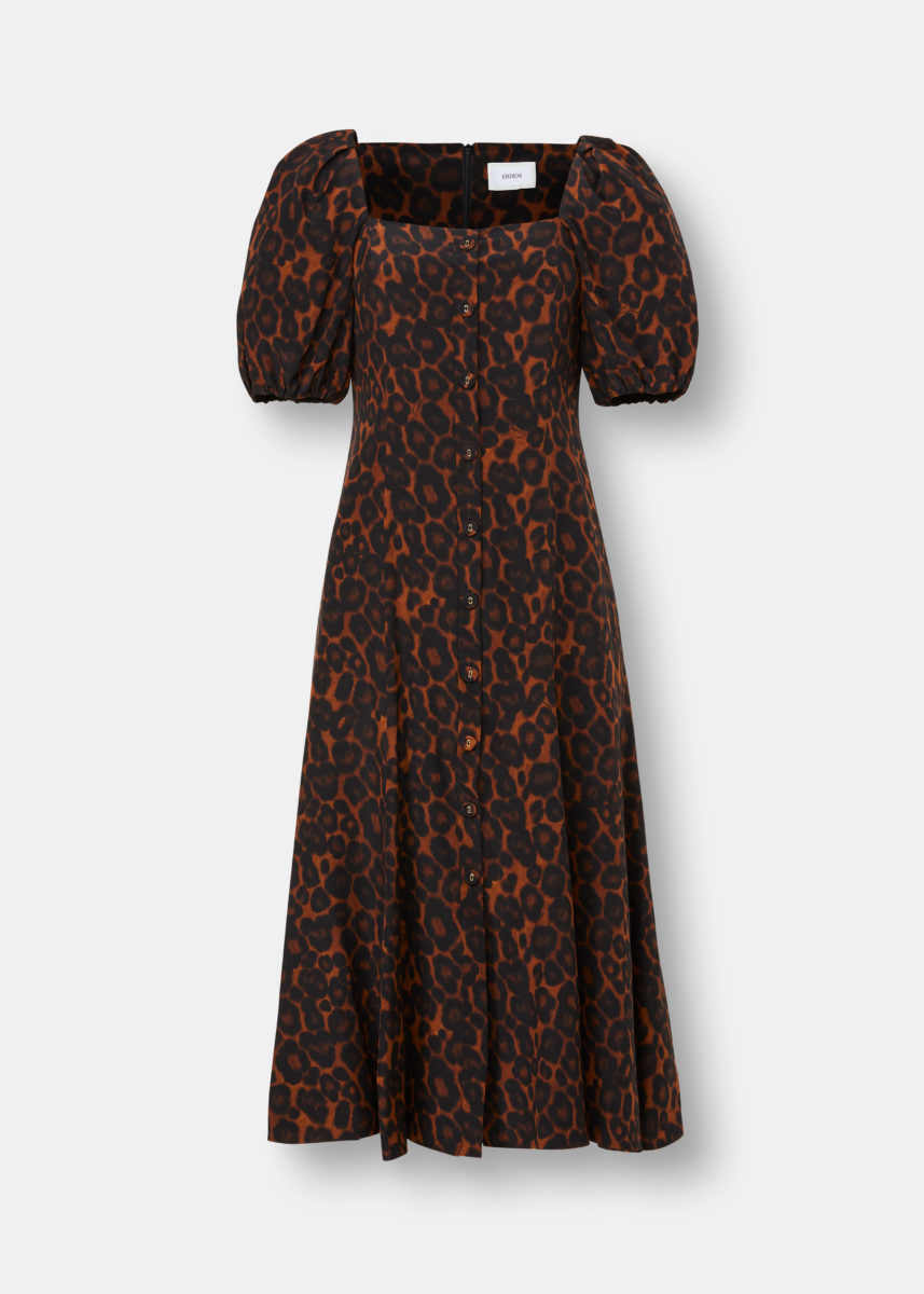 Mariona Puffed Sleeve Leopard Midi Dress