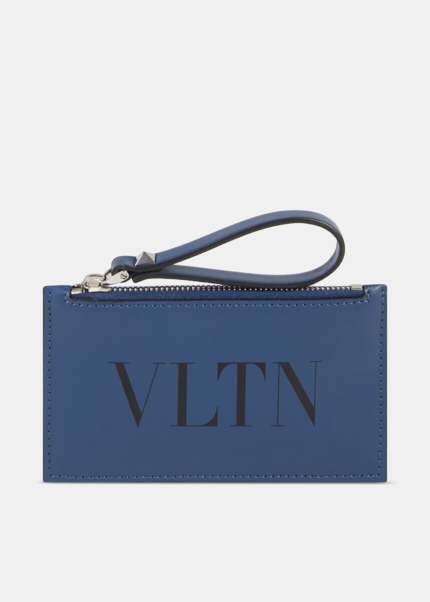 VLTN Navy Logo Print Zipped Cardholder